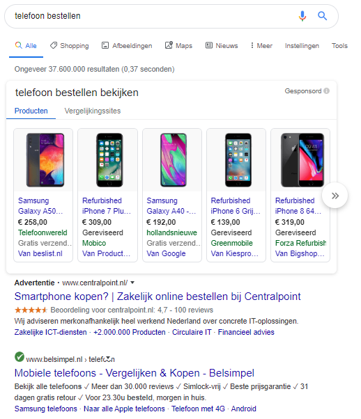 Google Ads zoekresultaat