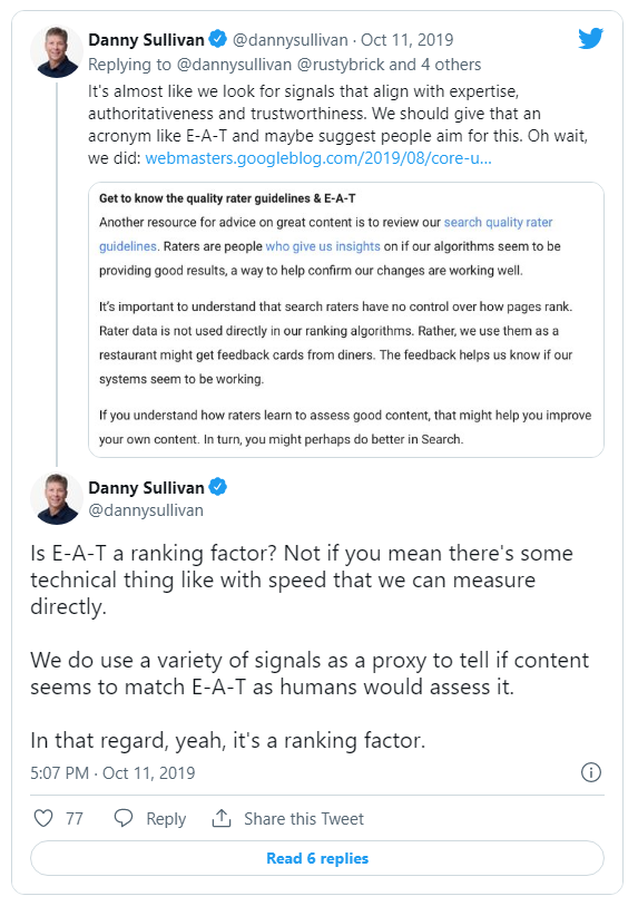 Danny Sullivan's twitterpost over de rankingfactoren