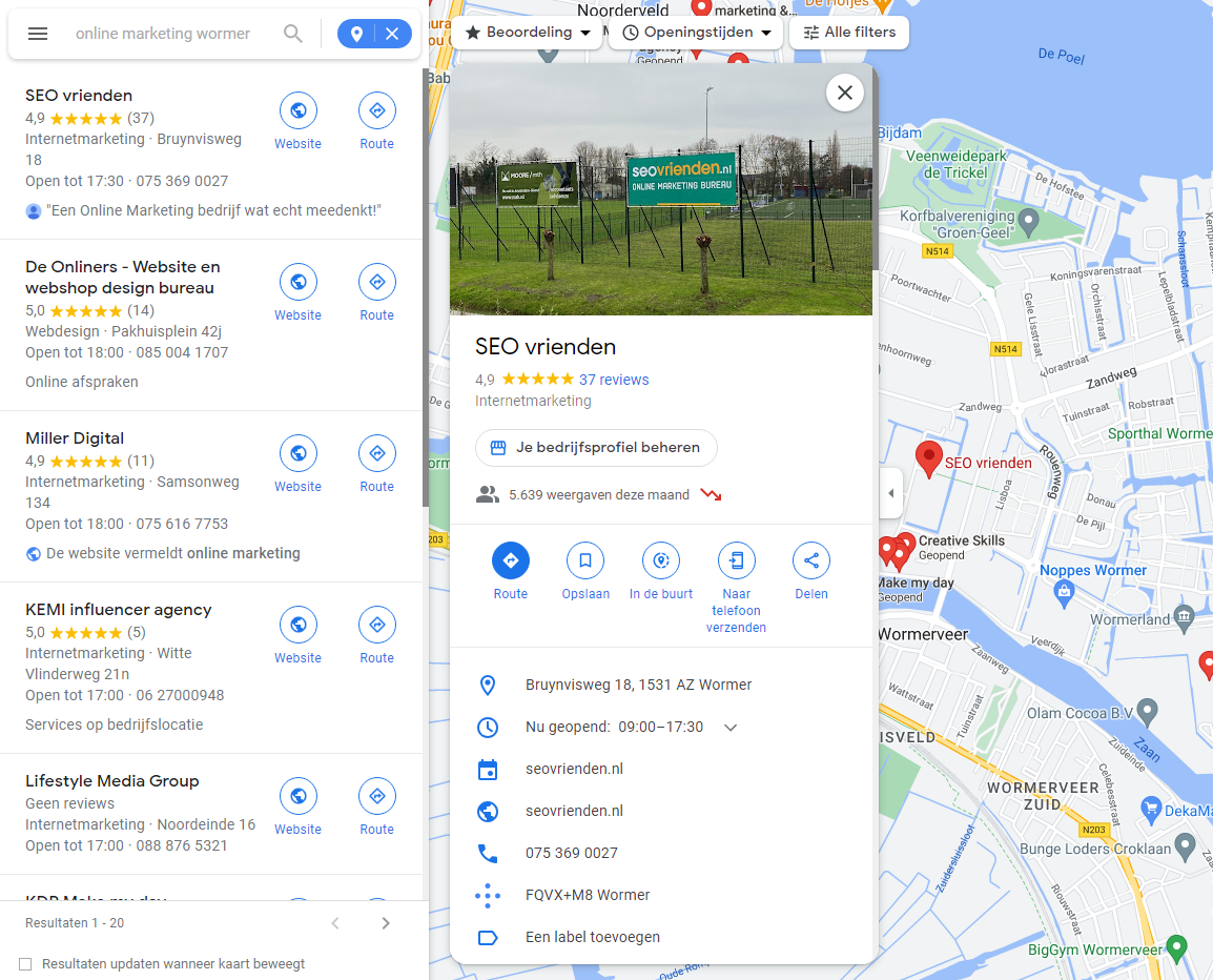 Resultaten wanneer iemand in Google Maps op 'online marketing wormer' zoekt